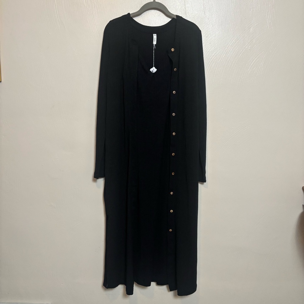 NWT Wishlist Women’s Dress Ribbed Longline Duster Cardigan Maxi Black Set Small‎